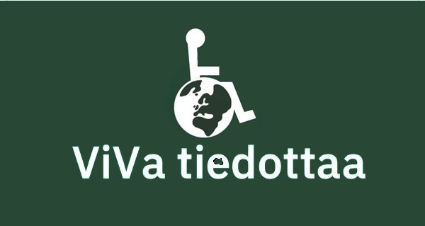Tummanvihreällä pohjalla ViVa -logo (valkoinen ISA merkki jossa pyörän tilalla maapallo ja alla teksti ViVa tiedottaa